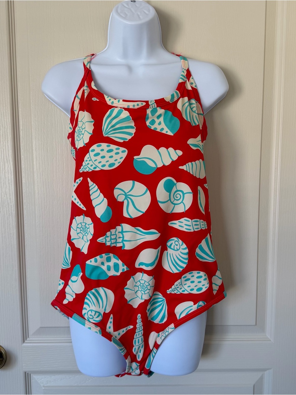 Hanna Andersson Women’s Red Teal Seashell Print One-Piece Swimsuit XL